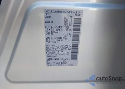 2020 Nissan Pathfinder Sl 2Wd z USA, uszkodzony, nr VIN 5N1DR2CN2LC601709